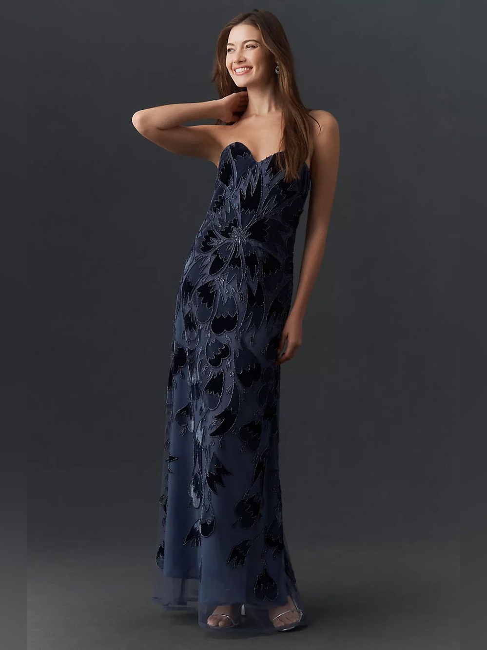 Helsi Sasha Floral Strapless Maxi Dress in Demin Blue Size XS Preloved